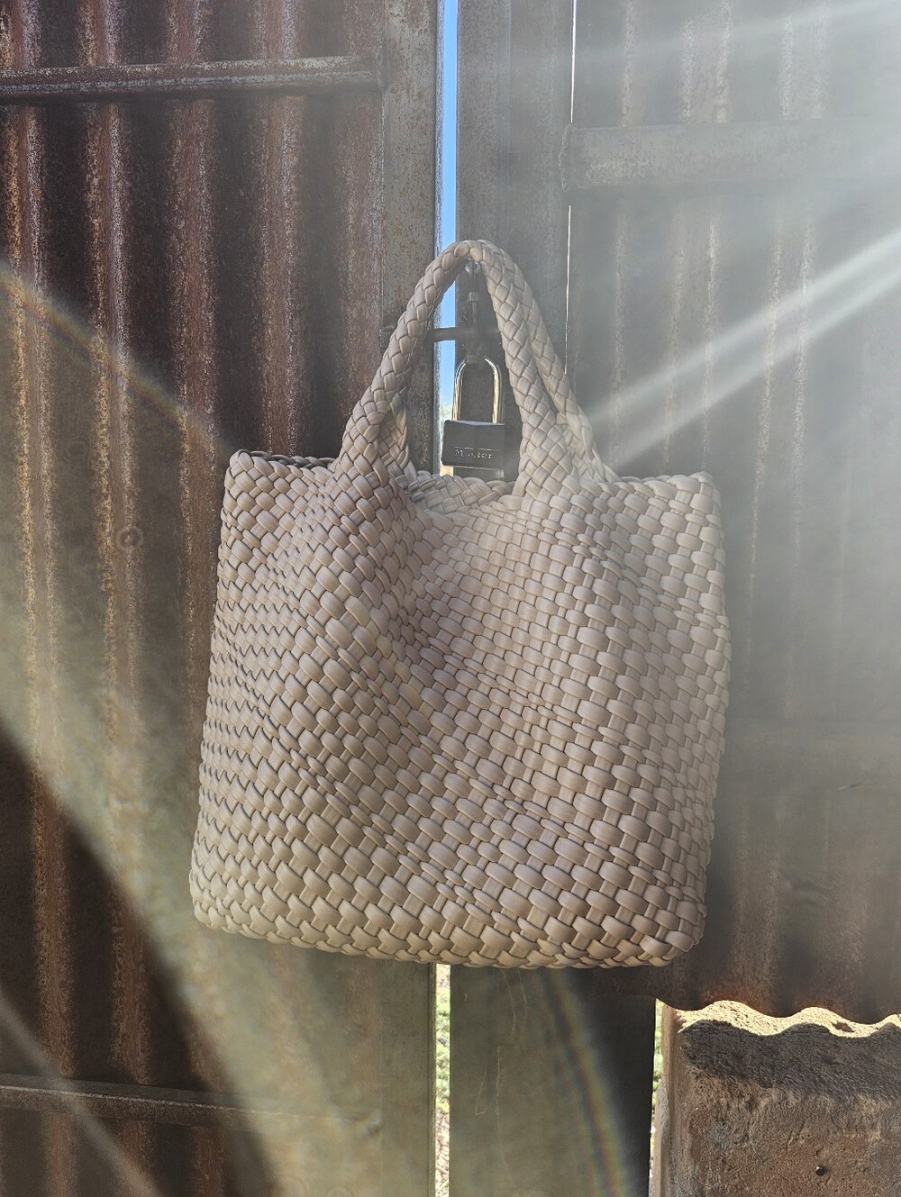 Vegan Leather Woven Tote, L, Apricot